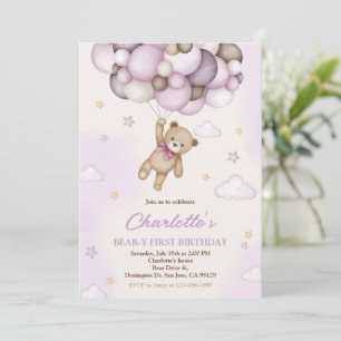 Girl Teddy Bear Pink Brown Balloons 1st Birthday Invitation