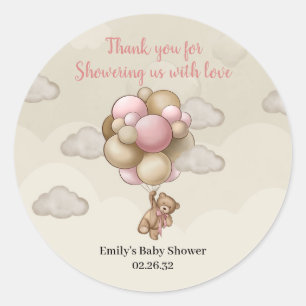 Girl Teddy bear pink brown beige balloons hot air Classic Round Sticker