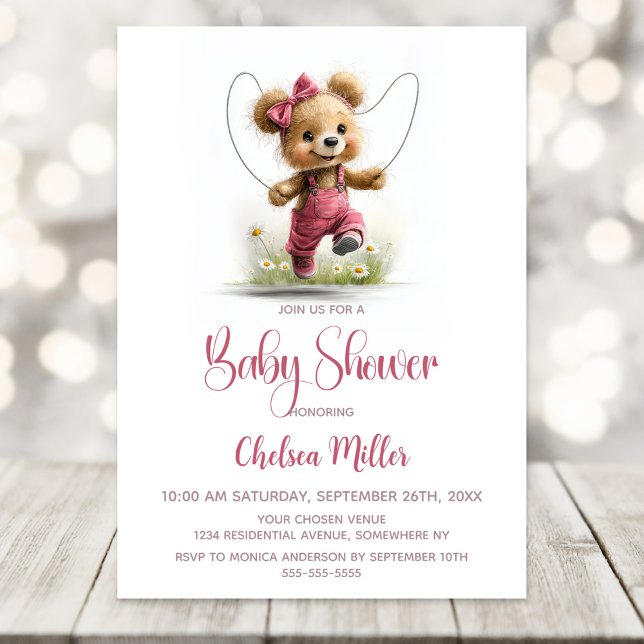 Girl Teddy Bear Playing Jump Rope Baby Shower Invitation (Creator Uploaded)