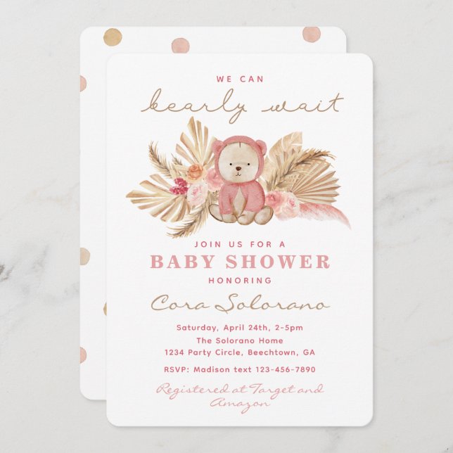 Girl Teddy Bear Shower Invitation | Boho Teddy (Front/Back)