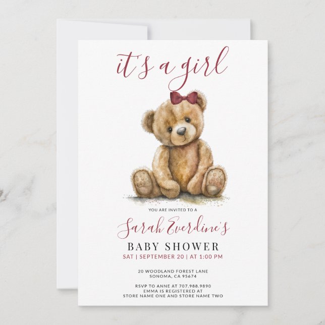 Girl Teddy Bear Watercolor Girl Baby Shower  Invitation (Front)