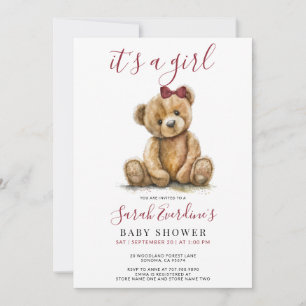 Girl Teddy Bear Watercolor Girl Baby Shower  Invitation