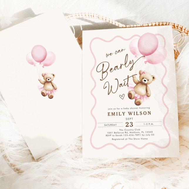 Girl Teddy Bear We Can Bearly Wait Baby Shower Invitation (Creator Uploaded)