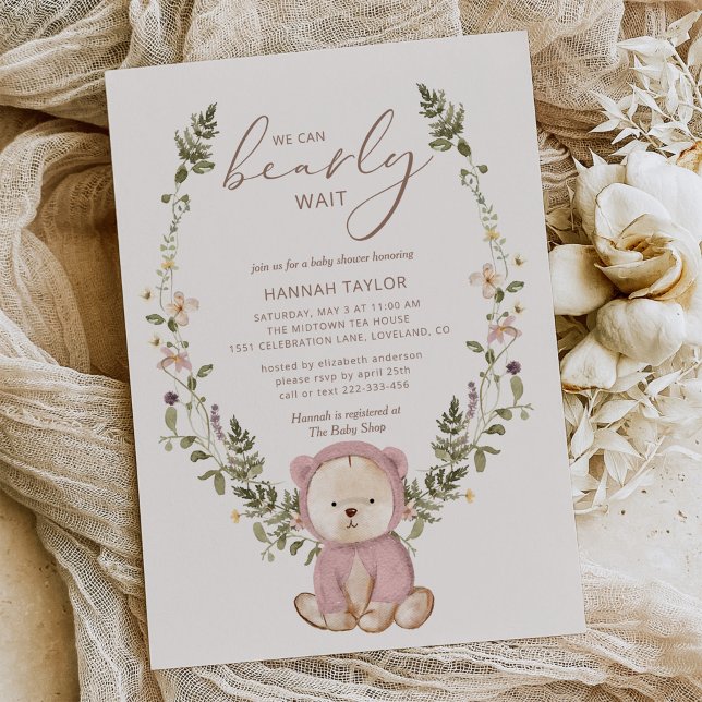 Girl Teddy Bear We Can Bearly Wait Baby Shower Invitation (Creator Uploaded)