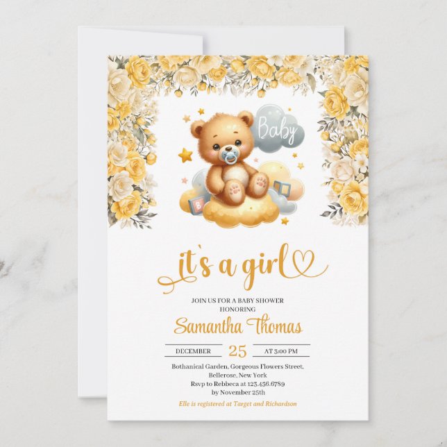 Girl teddy bear yellow flowers girl baby shower invitation (Front)