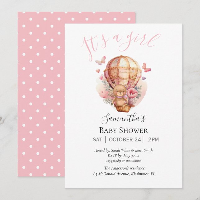 Girl Teddy Bearly Wait Hot Air Balloon Pink Announcement (Front/Back)