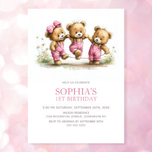Girl Teddy Bears 1st Birthday Party Invitation