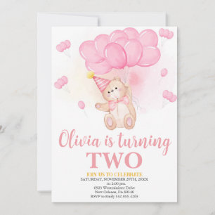 Girl Teddy Bears Birthday, Watercolour Balloons Invitation
