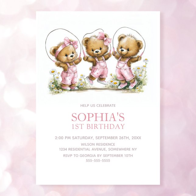 Girl Teddy Bears In Pink Overalls 1st Birthday Invitation (Creator Uploaded)