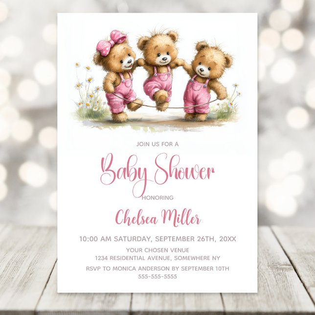 Girl Teddy Bears in Pink Overalls Baby Shower Invitation (Creator Uploaded)