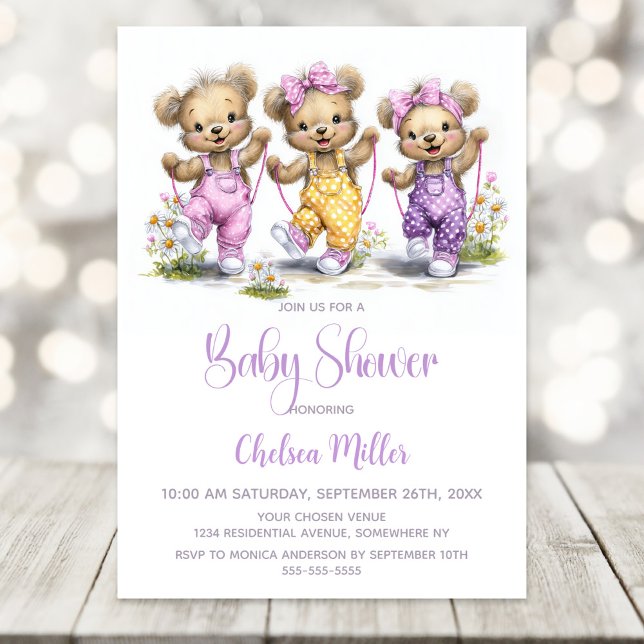 Girl Teddy Bears Wearing Polka Dot Overalls Invitation (Creator Uploaded)