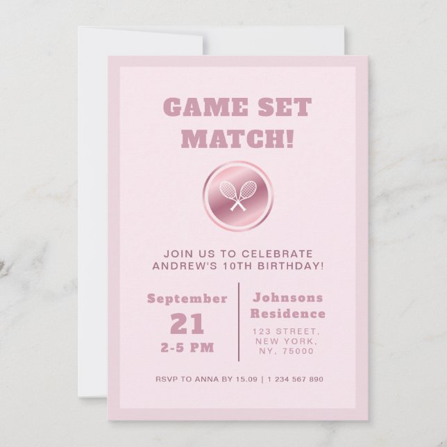 Girl Tennis Birthday Party Rose Gold Rackets Pink  Invitation (Front)