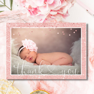 Girl THANK YOU Pink Glitter Baby Shower   PHOTO Announcement