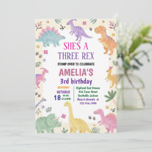 Girl Three Rex Dinosaur 3rd Birthday Invitation
