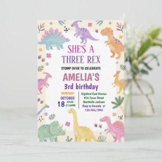 Girl Three Rex Dinosaur 3rd Birthday Invitation