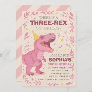 Girl Three-Rex Dinosaur Birthday Invitation