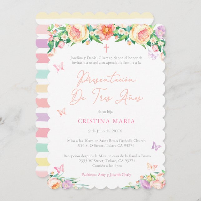 Girl Three Year Presentation, Presentación 3 Años Invitation (Front/Back)