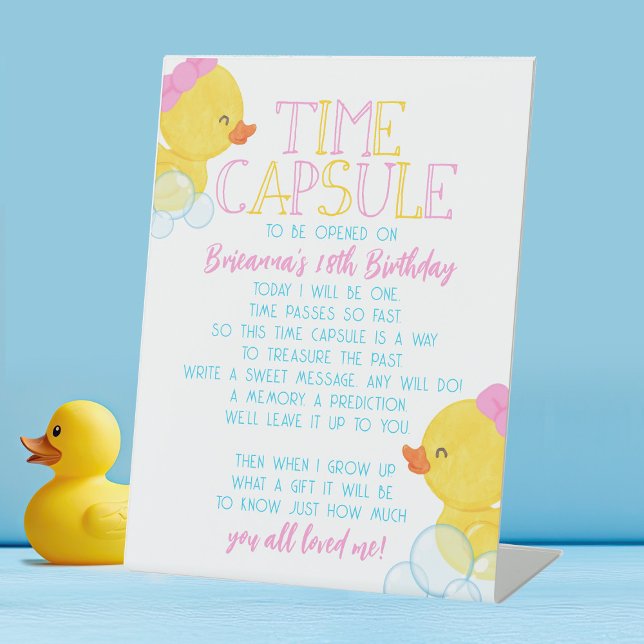 Girl Time Capsule Rubber Duck 1st Birthday Party Pedestal Sign (Girl Watercolor Rubber Duck Time Capsule Party Sign for Ducky 1st Birthday)