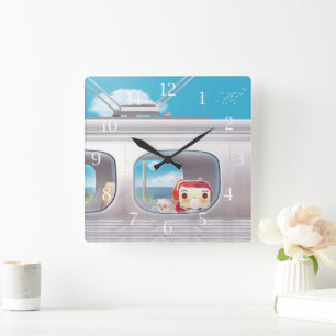 Girl together with cat looking out train Window Sq Square Wall Clock