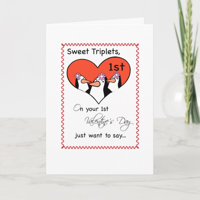 Girl Triplets 1st Valentine's Day Cute Penguin Holiday Card (Front)