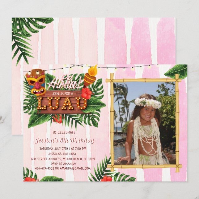 Girl Tropical Luau Birthday Invitation With Photo (Front/Back)