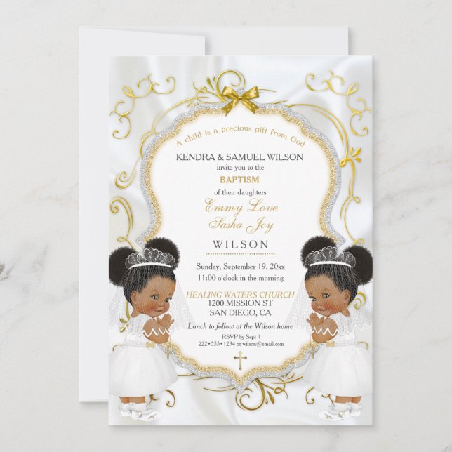 Girl Twins Baptism Christening Gold Ethnic Puffs Invitation (Front)