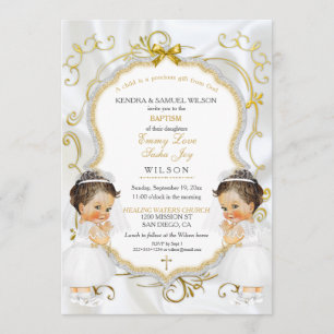 Girl Twins Baptism Christening Gold Invitation