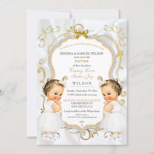 Girl Twins Baptism Christening Gold White Cross Invitation (Front)
