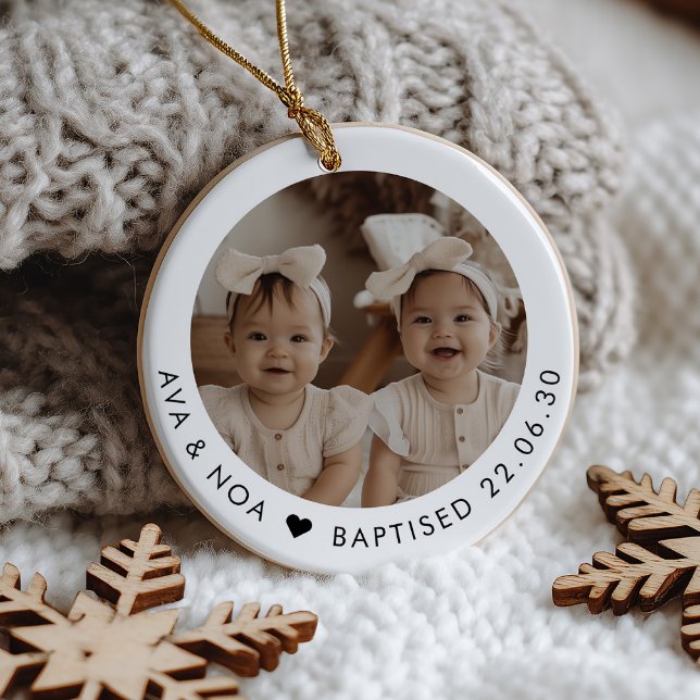 Girl Twins Baptism Photo Keepsake Ceramic Tree Decoration (Zazzle Girl Twins Baptism Photo Keepsake Ceramic Ornament)