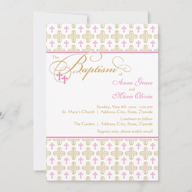 Girl Twins Cross Pattern Baptism Invitation (Front)