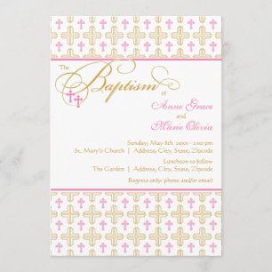Girl Twins Cross Pattern Baptism Invitation