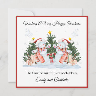 Girl Twins First Second Christmas Snowman Card