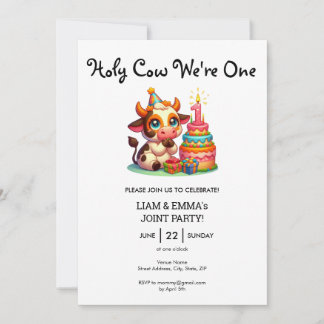 Girl Twins Holy Cow We're One 1st Birthday Joint Invitation