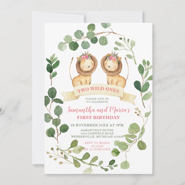 Girl Twins Lion Cubs Birthday Greenery Invitation (Front)