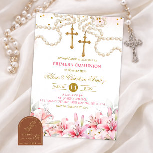 Girl Twins Pink Lily Floral Rosary First Holy Comm Invitation