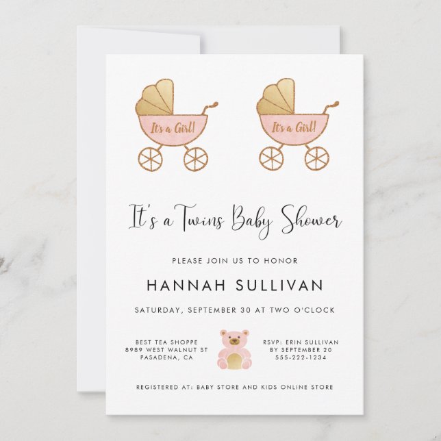 Girl Twins Retro Carriage Watercolor Shower Invitation (Front)