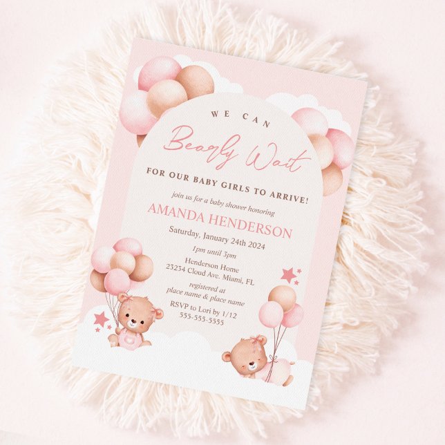 Girl Twins Teddy Bear Baby Shower Invitation (Creator Uploaded)