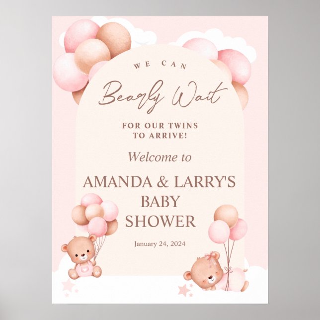Girl Twins Teddy Bear Baby Shower Welcome Poster (Front)