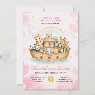 Girl Two By Two Watercolor Pink Noah Ark Invitation
