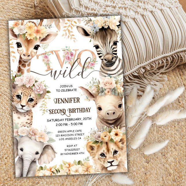 Girl TWO Wild Safari Animals 2nd Birthday Invitation (Creator Uploaded)