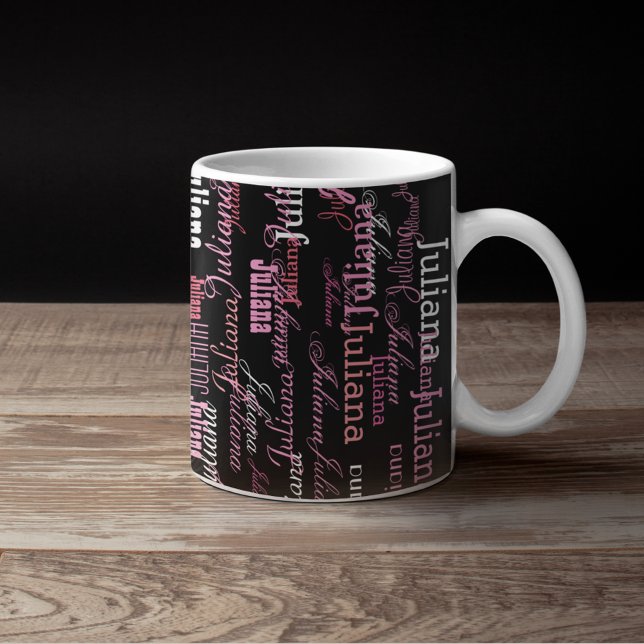 Girl typography name, pink on black mug for her (Creator Uploaded)