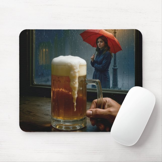 Girl Under a Red Umbrella Looking In a Tavern  Mouse Pad (With Mouse)