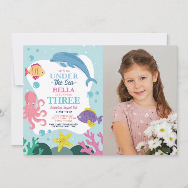 Girl Under The Sea THREE Ocean Dolphin Photo 3rd Invitation (Front)