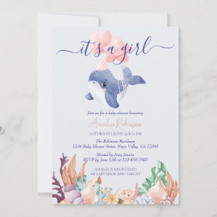 Girl Under the Sea Whale Watercolor Baby Shower Invitation