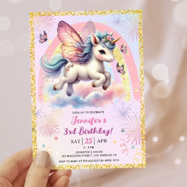 Girl Unicorn Gold Glitter Pink 3rd Birthday Party Invitation (#UnicornBirthdayInvitation #UnicornBirthdayInvitationTemplate #RainbowUnicornBirthdayInvitation)