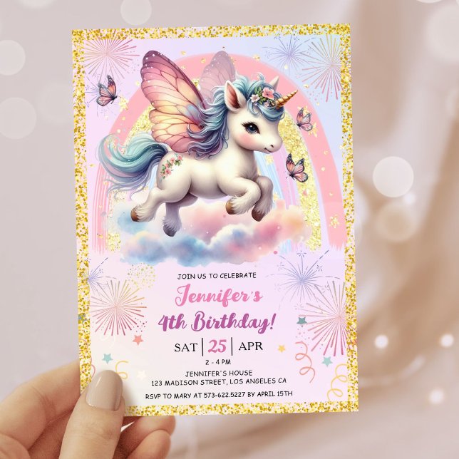 Girl Unicorn Gold Glitter Pink 4th Birthday Party Invitation (#UnicornBirthdayInvitation #UnicornBirthdayInvitationTemplate #UnicornBirthdayInvitationEditable 
)