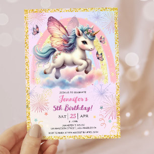 Girl Unicorn Gold Glitter Pink 5th Birthday Party Invitation