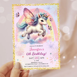 Girl Unicorn Gold Glitter Pink 6th Birthday Party Invitation