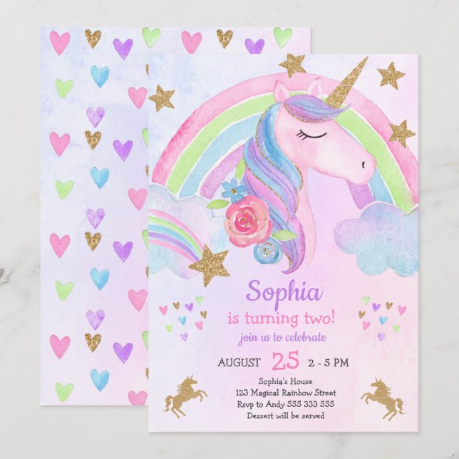Girl Unicorn Party Birthday Gold Glitter Pastel Invitation (Front/Back)