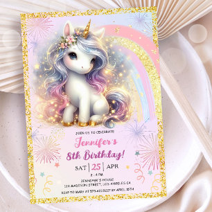 Girl Unicorn Pink Gold Glitter 8th Birthday Party Invitation